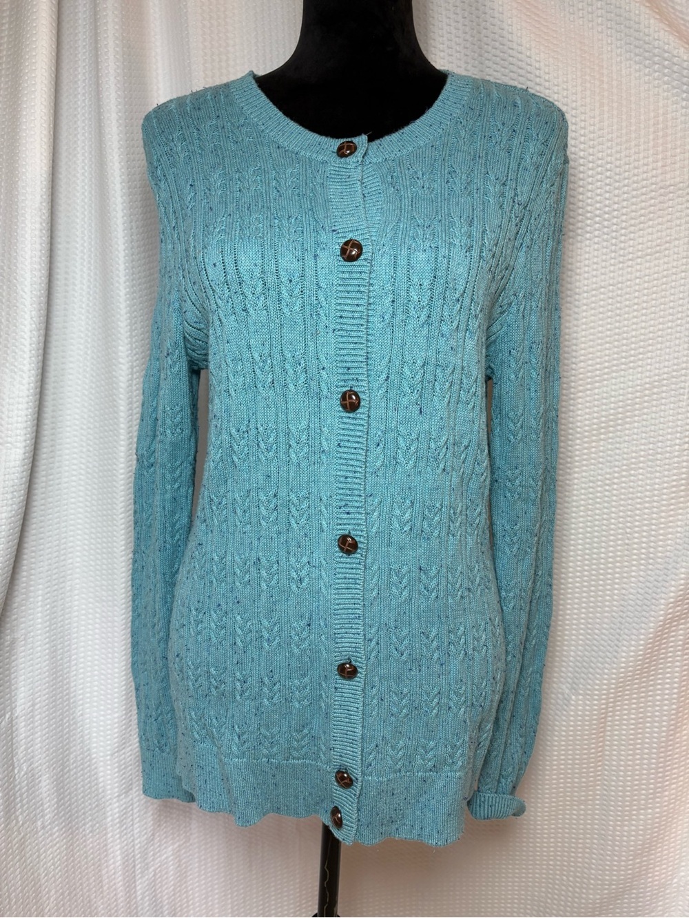 Appleseed VTG Turquoise Flecked Cable-knit Button Down Cardigan Size M